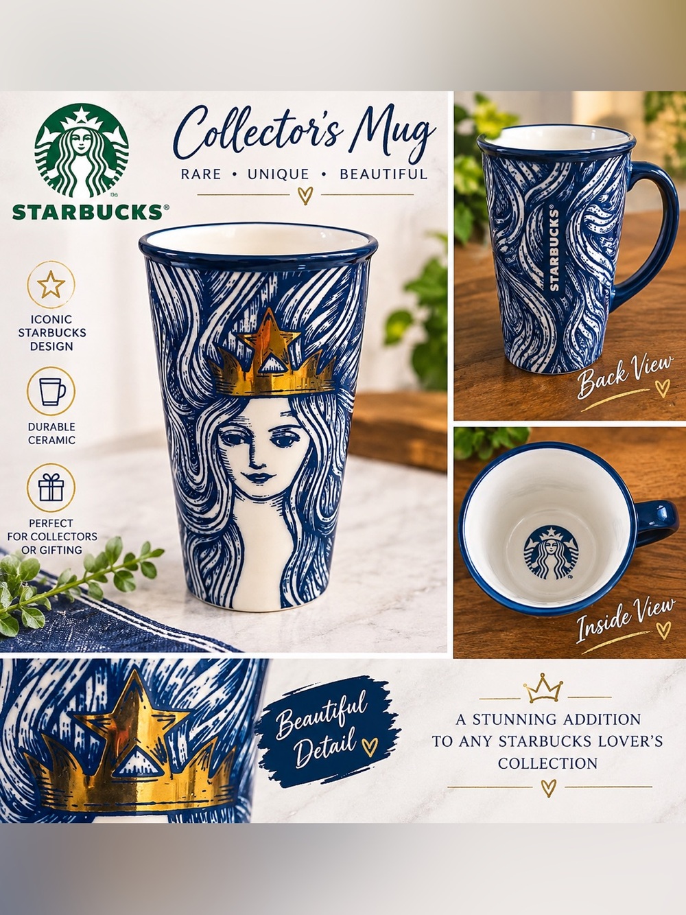 Starbucks 2016 Collectable Blue and Gold Mermaid Siren 12 oz